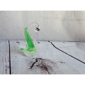 Vintage Miniature Spun Glass/Blown Glass Swan 2.5 Inch Tall Clear/Green